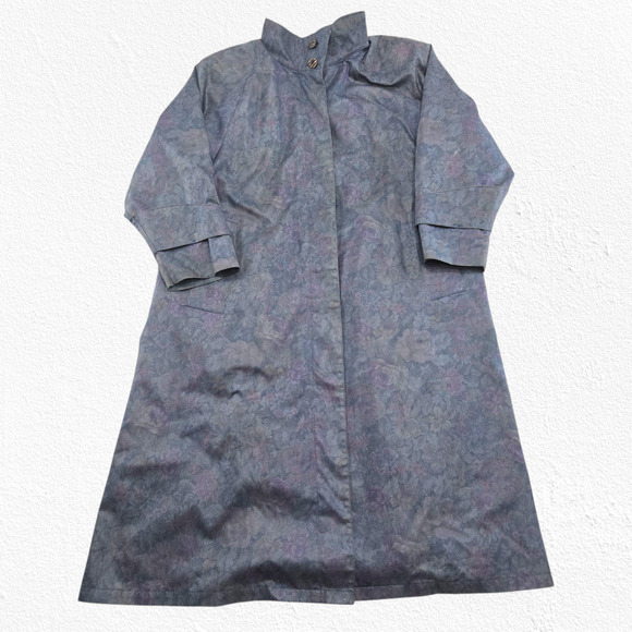 1980s London Fog Floral Water Resistant Wool Lined Transitional Trench Coat 12P - Picture 7 of 15